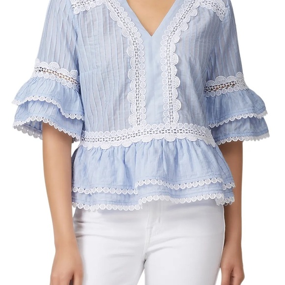 J. Crew Tops - J. Crew NWT Pleated V-Neck Ruffle Sleeve Peplum Blouse Lace Trim Women’s XS Blue